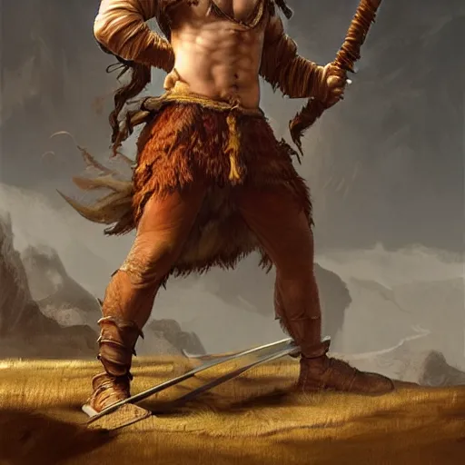 Image similar to renaissance full body portrait of a gruff ranger with a spear, lean and toned, handsome face, hairy chest and hairy body, D&D, intricate, elegant, highly detailed, digital painting, artstation, concept art, matte, sharp focus, chiaroscuro, well list, sharp detail, illustration, art by Da Vinci, Artgerm and Greg Rutkowski and Alphonse Mucha