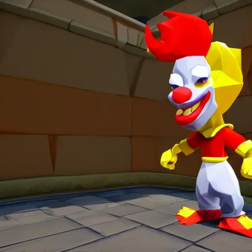 Prompt: image of ronald mcdonald, white face, red afro, red nose and yellow outfit as an enemy in spyro the dragon video game, with low poly playstation 1 graphics, upscaled to high resolution