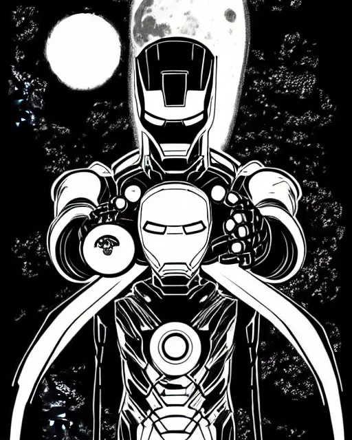 Image similar to black and white sad iron man with shawarma on hands, stay on the destroed moon, wires earth background, by tsutomu nihei