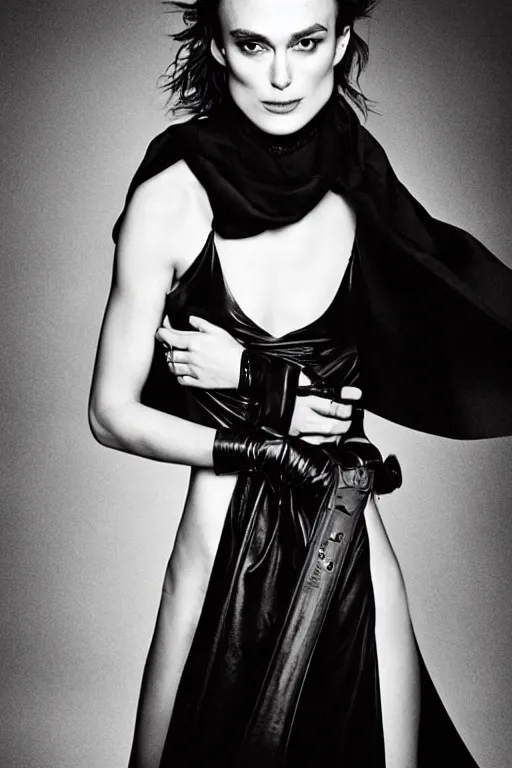 Prompt: keira knightley dressed as a dnd rogue wearing a black cape and high leather boots, cosplay, photo shoot, studio lighting, portrait by bruce weber