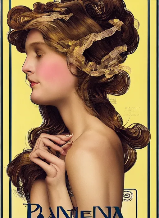 Prompt: pantene advertisement photography by mucha, norman rockwell, extremely coherent, sharp focus, elegant, render, octane, detailed, award winning photography, masterpiece, rim lit