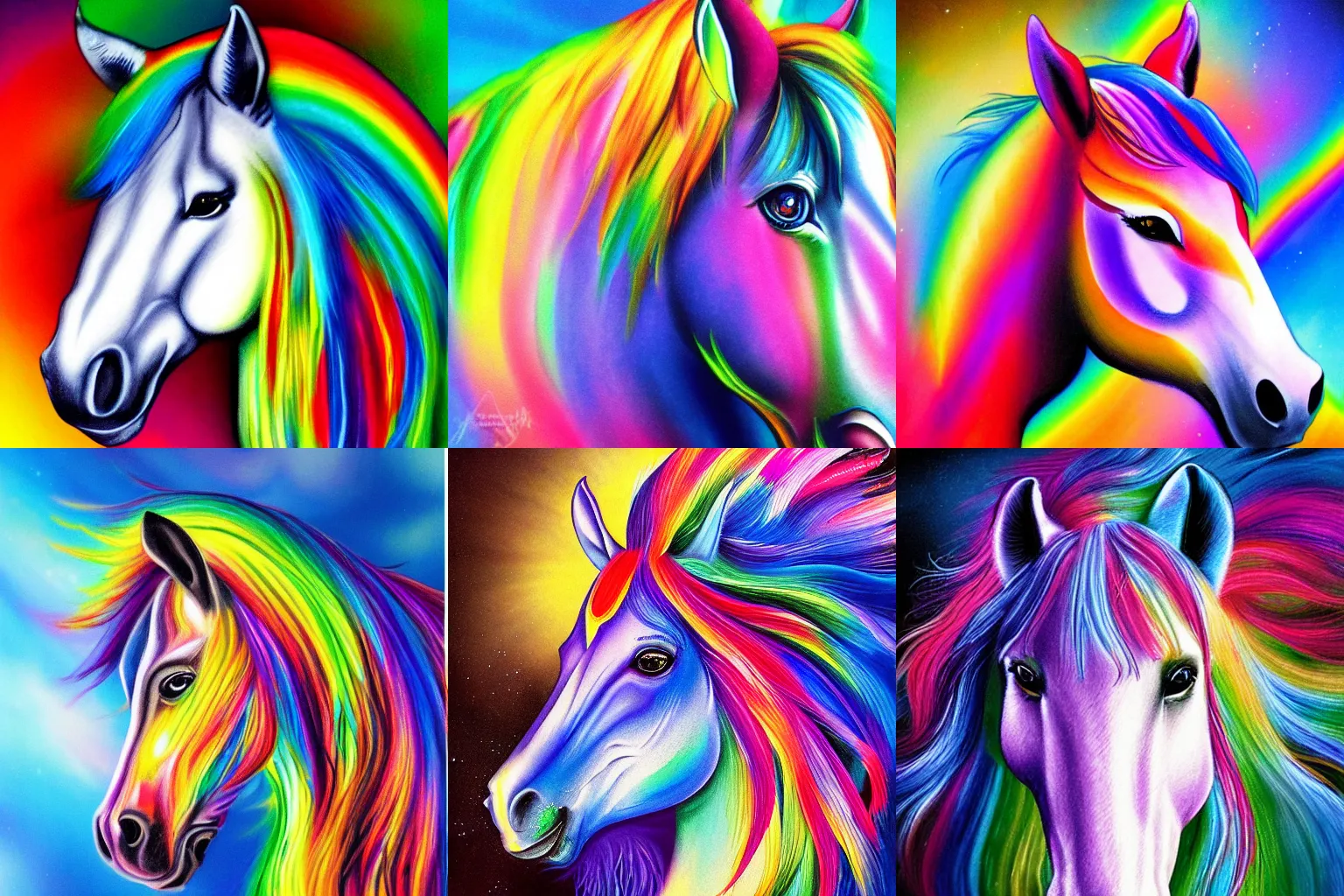 Prompt: luminescent wild horse with rainbow mane detailed airbrush painting