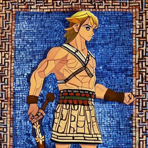 Image similar to ancient greek mosaic of young link from zelda looking like arnold schwarzenegger holding a big sword