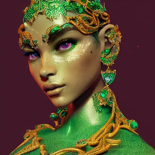 Image similar to portrait of wonderful princess of emeralds with fair skin, ornate, 8 k, gorgeous, intricate, detailed, accent lighting, ethereal lighting, hyper realism, octane render