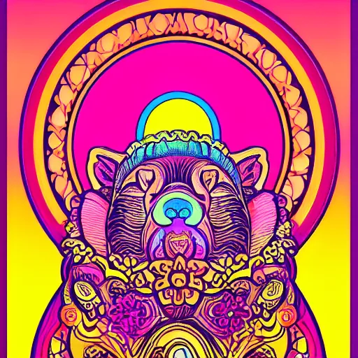 Image similar to beautifully ornate art nouveau opart glowing chunky baby capybara neon wearing a flower crown with mushrooms with flower mandala in background poster art by victor moscoso and gilbert shelton, saturated bright pink orange and green, 8 k, artstation