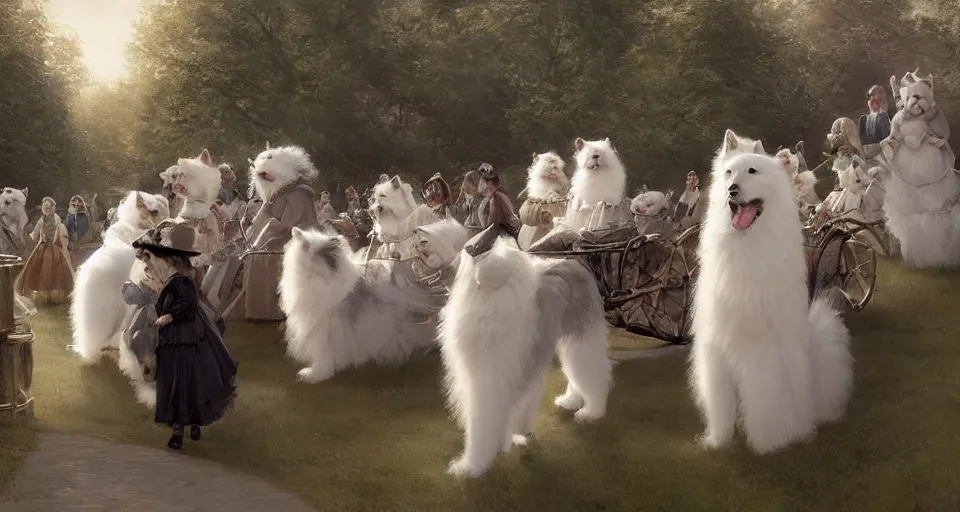 Prompt: the great victorian samoyed parade, beautiful, soft lighting, artstation, storybook,