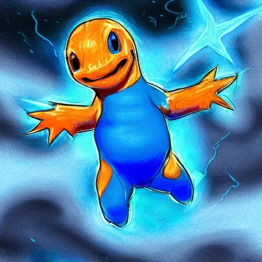 Image similar to sketch of a blue charmander ~ water powers ~ realistic ~ trending ~ ocean background ~