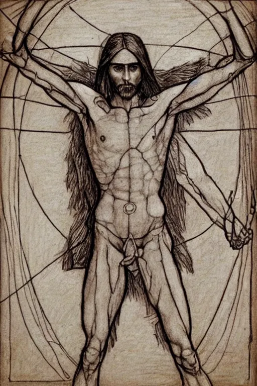 Prompt: jared leto vitruvian man, drawn by leonardo da vinci, sketch, notes