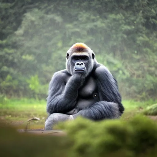 Image similar to a gorilla doing meditation in a mystical landscape, beautiful, misty