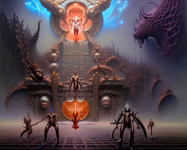 Image similar to the hall of heroes, fantasy character portrait made of fractals facing each other, ultra realistic, wide angle, intricate details, the fifth element artifacts, highly detailed by peter mohrbacher, hajime sorayama, wayne barlowe, boris vallejo, aaron horkey, gaston bussiere, craig mullins