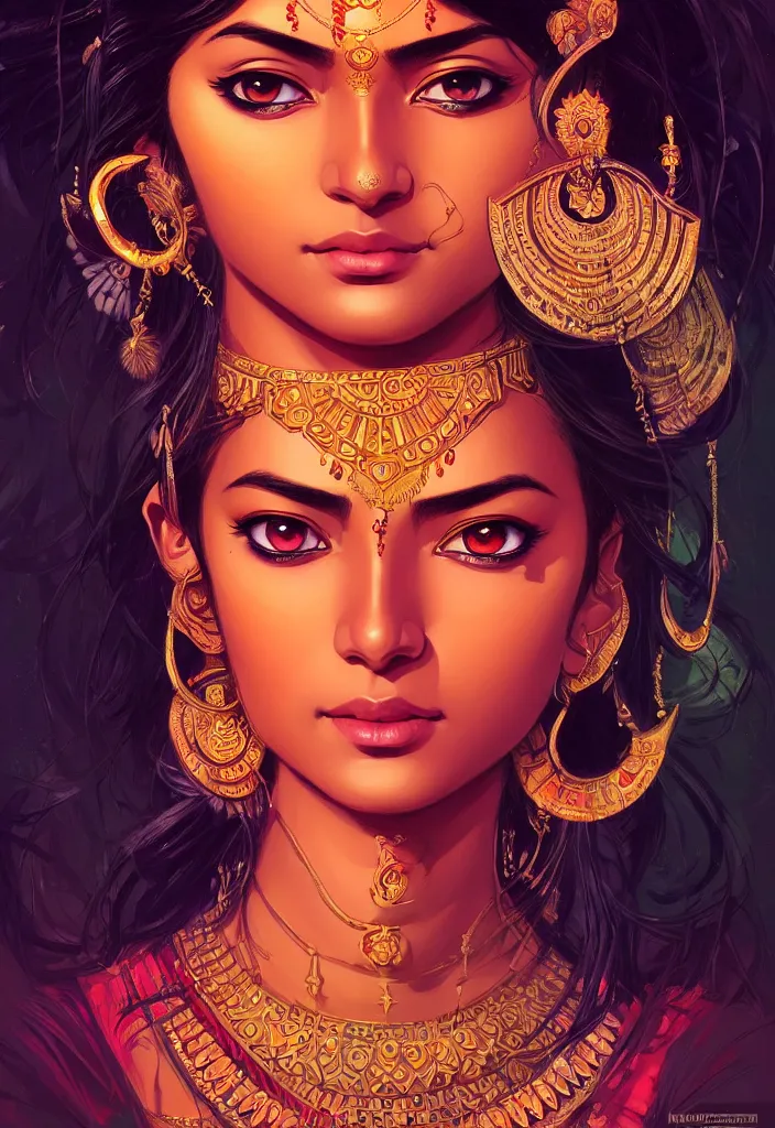 Image similar to a comic portrait of an indian goddess, realistic shaded perfect face, fine details. cosmic setting. anime style. realistic shaded lighting poster by ilya kuvshinov katsuhiro, magali villeneuve, artgerm, jeremy lipkin and michael garmash, rob rey and kentaro miura style, trending on art station