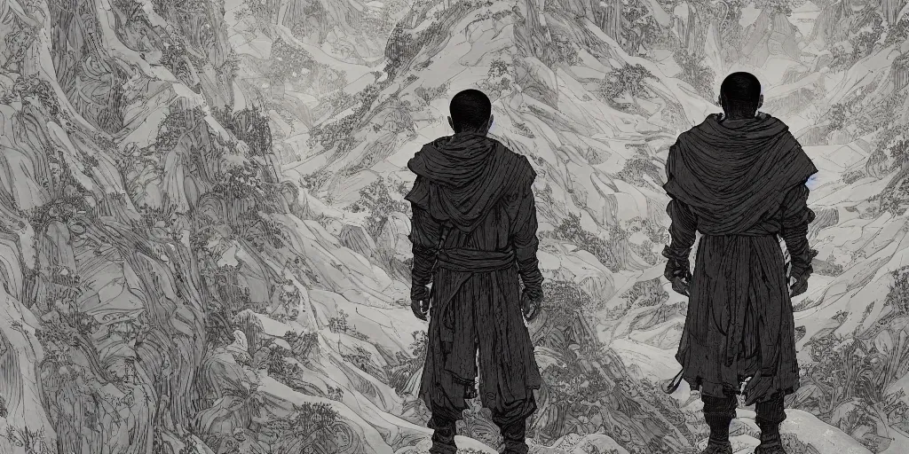 Image similar to portrait of the back of a monk, standing, Borderlands and by Feng Zhu and Loish and Laurie Greasley, Victo Ngai, Andreas Rocha, John Harris