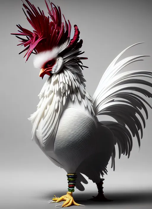 Image similar to hyper detailed ultra sharp portrait of a beautiful fashionable porcelain ivory cyberpunk scifi rooster, well contoured smooth colorful feathers, up close shot, sharp focus, global illumination, radiant light, black haute couture, alexandre ferra, irakli nadar, octane render, 4 k, ultra hd,