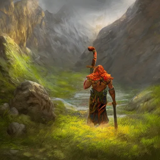 Prompt: stone warrior, moss, large stone hammer, standing in a valley between two mountains, digital art, trending on artstation, high quality