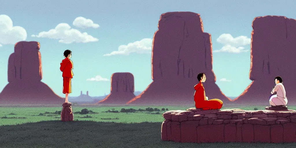 Image similar to a realistic cell - shaded studio ghibli concept art from paprika ( 2 0 0 6 ) of a monk meditating and a small mammoth from close encounters of the third kind ( 1 9 7 7 ) in a flooded monument valley stonehenge. very dull colors, wide shot, hd, 4 k, hq