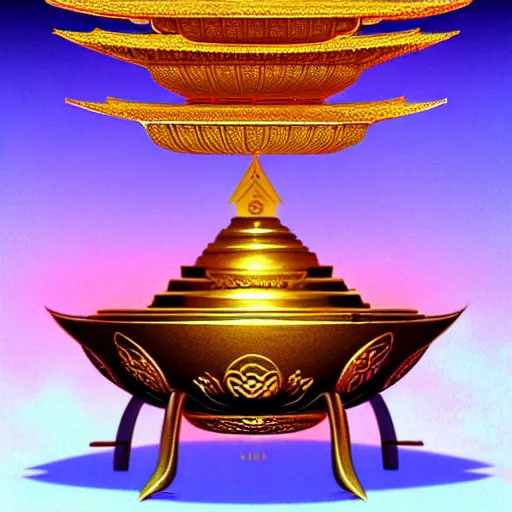 Prompt: a pastel illustration in the style of noriyoshi ohrai and mark tedin of an ancient holy gilded metal lotus artifact that sits in a temple on pillow. key art. 4 k retrofuturistic fantasy