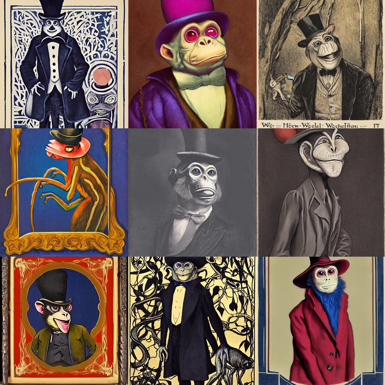 Prompt: magical realist portrait ( 1 9 2 3 ) of weevil - snouted frog - monkey creature wearing an overcoat and tophat, indigo and vermilion, 3 5 mm, strathmore 2 0 0, art nouveau inks, chiaroscuro, luminous