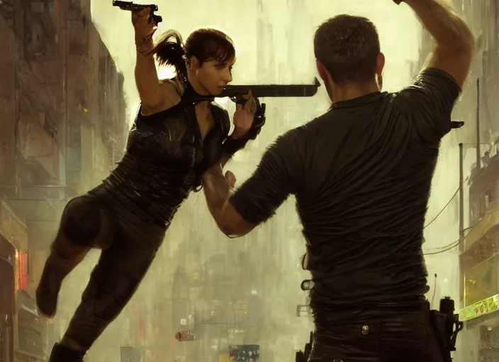 Prompt: sam fisher knocking out a guard ( blade runner 2 0 4 9, dystopian, cyberpunk 2 0 7 7 character design ). orientalist portrait by john william waterhouse and james gurney and theodore ralli and nasreddine dinet, oil on canvas. cinematic, hyper realism, realistic proportions, dramatic lighting, high detail 4 k