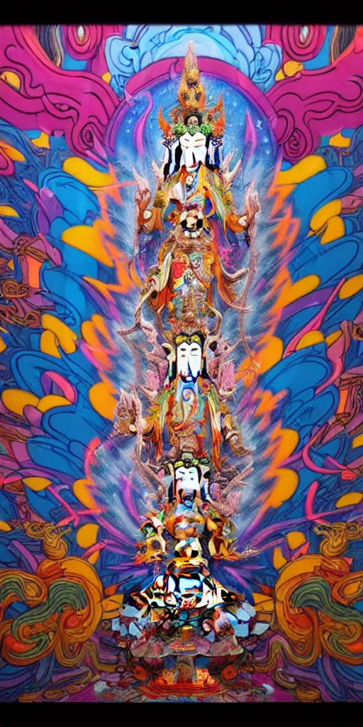 Prompt: epic graffiti mural of a 1000 armed Quan Yin deity, colorful and dynamic in the style of Hownosm and James Jean, ultimate collab, epic, unreal engine 5, coming to life popping out of the wall 3d,