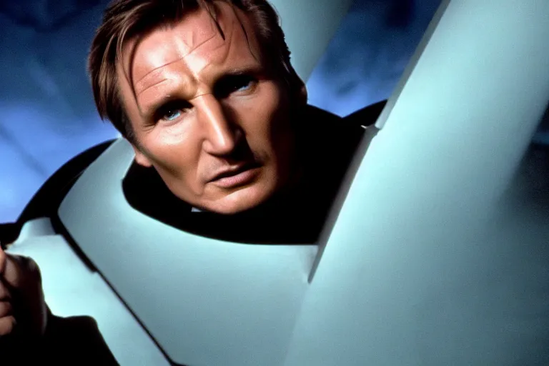 Image similar to A film still of Liam Neeson in a Star Trek: The Next Generation, sitting in Ten Forward, dramatic lighting