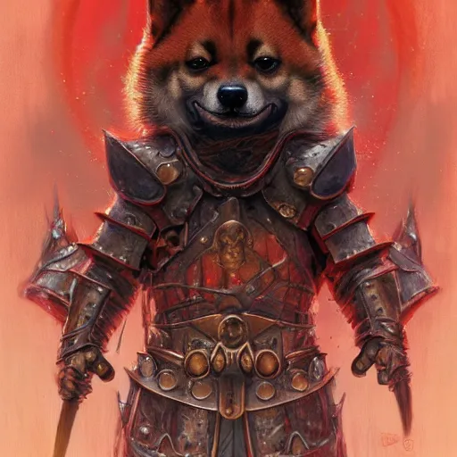 Image similar to anthropomorphic shiba inu, wearing berserk armor, dark glowing red aura, fantasy, dark graveyard scene, portrait art by donato giancola and greg rutkowski, realistic face, digital art, trending on artstation, symmetry