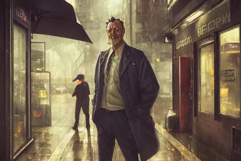 Prompt: a canon cinematic headshot portrait of an evil scientist, stood outside a corner shop, raining, detailed, depth of field, movie still, dramatic lighting, by krenz cushart