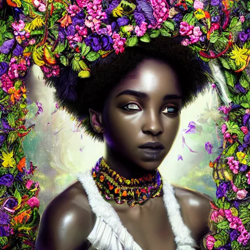 Prompt: the portrait of the absurdly beautiful, graceful, elegant, gorgeous, sensual young black girl goddess made of petals, an ultrafine hyperdetailed photograph by kim jung gi, irakli nadar, intricate linework, bright colors, octopath traveler, final fantasy, unreal engine 5 highly rendered, global illumination, radiant light, intricate environment, 8 k