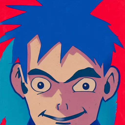 Image similar to 2 d gorillaz, a man with messy blue hair and no eyes, portrait, gorillaz style, jamie hewlett, semi - realistic, neutral expression