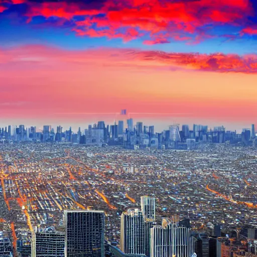 Image similar to Super High Detailed Panoramic photo-realistic of all the Major Cities in the United States at Sunset, Partly Cloudy, Excellent Lighting, in Autumn 8k