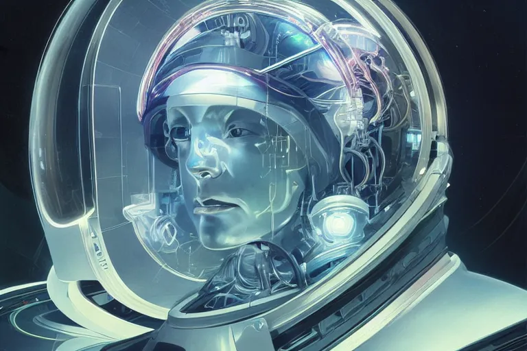 Prompt: portrait of a biomechanical head inside a futuristic space helmet, organic transistors, neon, tron, white metal, iridescent visor, smooth, sharp focus, high detail, art by Greg Rutkowski and Alphonse Mucha and Guy Denning,