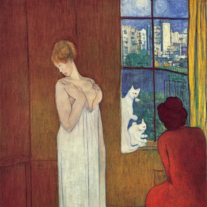 Image similar to portrait of woman in night gown, white cat and aloe house plant with brutalist city seen from a window frame with curtains. night. agnes pelton, caravaggio, bonnard, henri de toulouse - lautrec, utamaro, matisse, monet