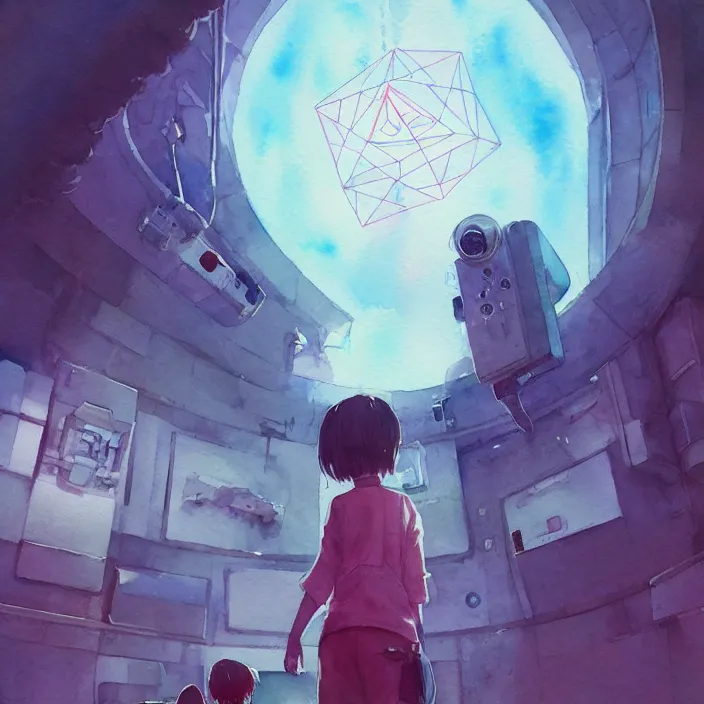 Image similar to photorealistic, watercolor painting in style of krenz cushart ilya kuvshinov inside a space station eye of providence Lain uwu Luminism Tomas Sanchez surrealism Simon Stålenhag