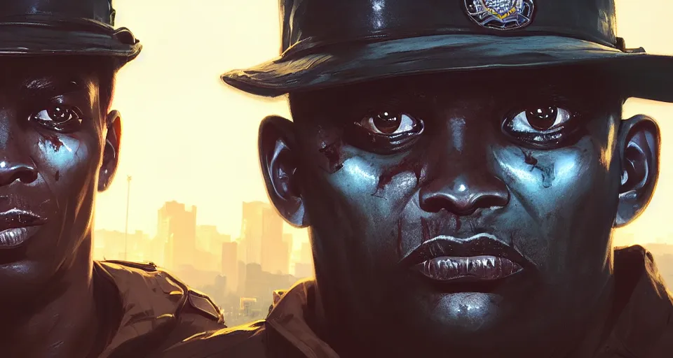 Image similar to highly detailed portrait black police officer zombie in gta v, stephen bliss, unreal engine, fantasy art by greg rutkowski, loish, rhads, ferdinand knab, makoto shinkai and lois van baarle, ilya kuvshinov, rossdraws, tom bagshaw, global illumination, detailed and intricate environment