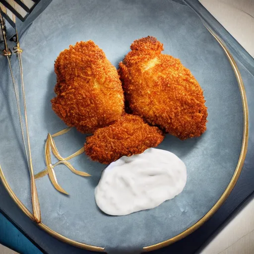 Image similar to breaded chicken with a crown on top in a palace, hyper realistic, 4k