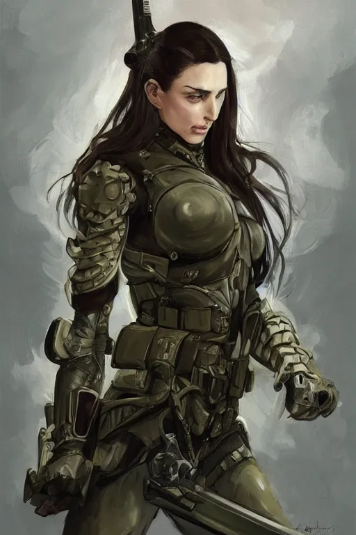 Image similar to a professionally painted portrait of an attractive young woman, clothed in military armor, olive skin, long dark hair, beautiful bone structure, symmetrical facial features, intricate, elegant, digital painting, trending on Artstation, concept art, smooth, sharp focus, illustration, from Metal Gear by Ruan Jia and Mandy Jurgens and Artgerm and William-Adolphe Bouguerea, award winning