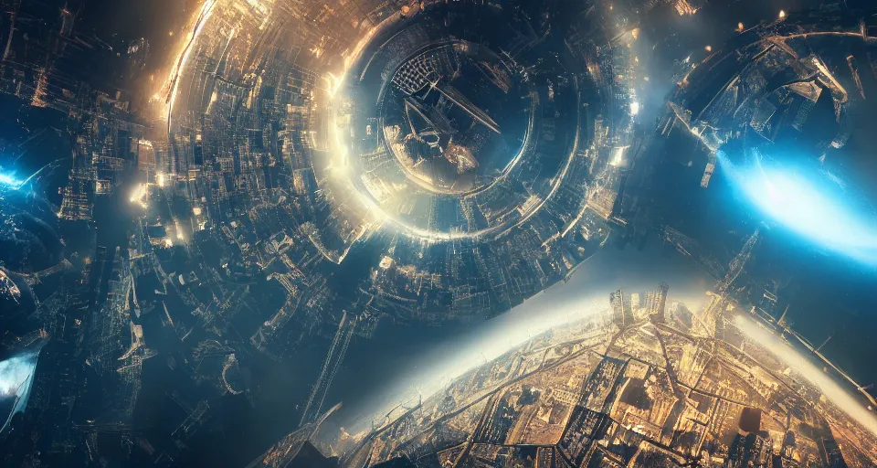 Prompt: a beautiful photograph of space city moskov city in orbit black hole, rectilinear, barometric projection, dutch angle from space view, concept art, high detail, intimidating, deep rich colors, iridescent radiance, epic scale ultrawide angle, stunning, epic, great migration, cinematic, Artstation trending, octane render, hyperrealistic, Cryengine 8k UHD