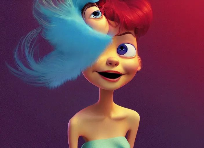 Image similar to pixar cartoon character of sarah hyland being happy. style by petros afshar, christopher balaskas, goro fujita, and rolf armstrong.