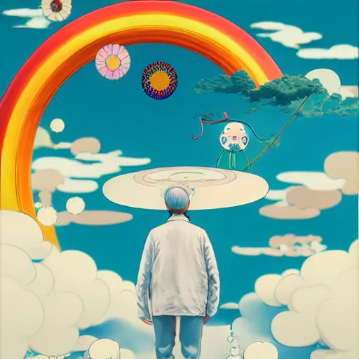 Image similar to a man walking on clouds away from the camera above kyoto by takashi murakami, beeple and james jean, aya takano color style, 4 k, super detailed, modern, 4 k, symmetrical