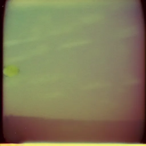 Image similar to a ring of lights flying through the sky, ufo!!, blurry photo, old polaroid, expired film, historical photo,