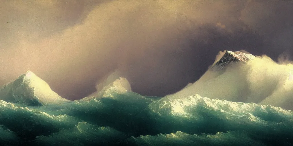 Image similar to A tsunami crashes over Mount Everest in the style of Ivan Aivazovsky