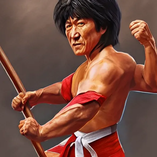 Image similar to Jackie Chan as an amazonian woman in karate pose holding a broom, wide full body, movie poster, realistic hyper detailed concept art