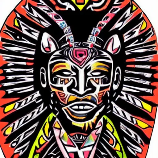 Prompt: portrait of aztec jaguar warrior with glowing tribal futuristic tattoos on face