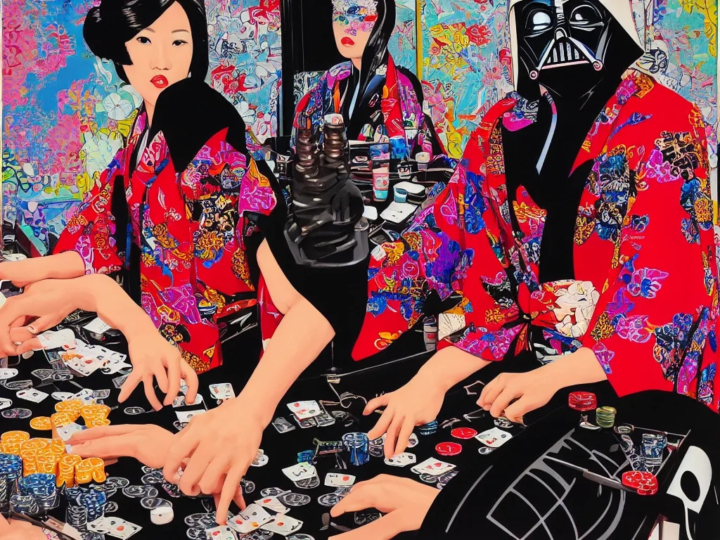 Image similar to hyperrealism composition of the detailed woman in a japanese kimono sitting at an extremely detailed poker table with darth vader, fireworks on the background, pop - art style, jacky tsai style, andy warhol style, acrylic on canvas