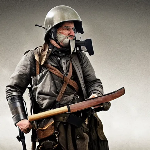 Image similar to Photo of a man wearing a combat helmet on his head holding a musket, postapocalyptic