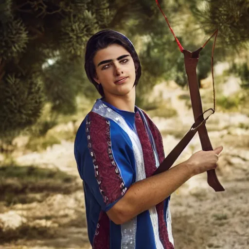Prompt: a handsome Mediterranean 17 year old man in Biblical clothes holding a slingshot, DSLR photography