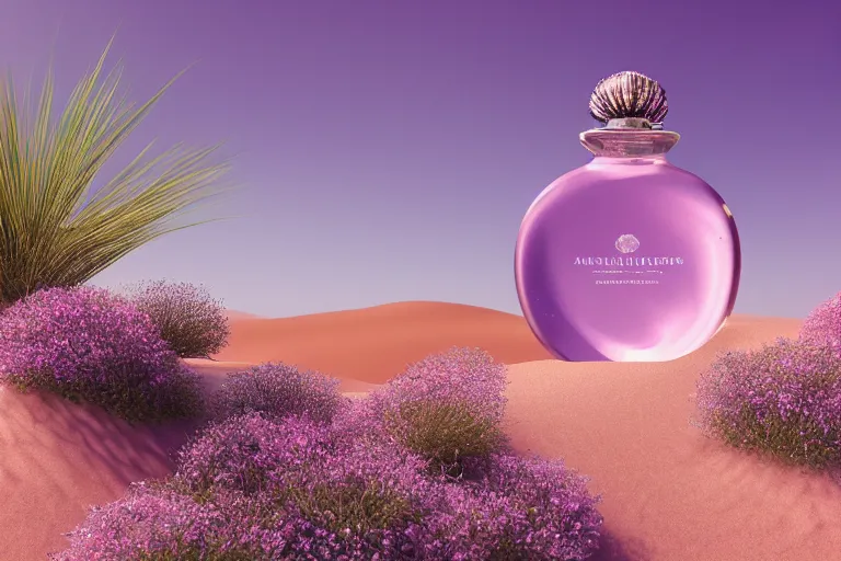 Image similar to perfume bottle buried in glittering oasis in the middle of a desert with blurred soft background flowers, soft lilac skies, silky smooth, dramatic, mid day, sand dune background, large scale, wind - swept, lots of detail, realistic lighting, octane render, by wlop, artgerm, trending on artstation