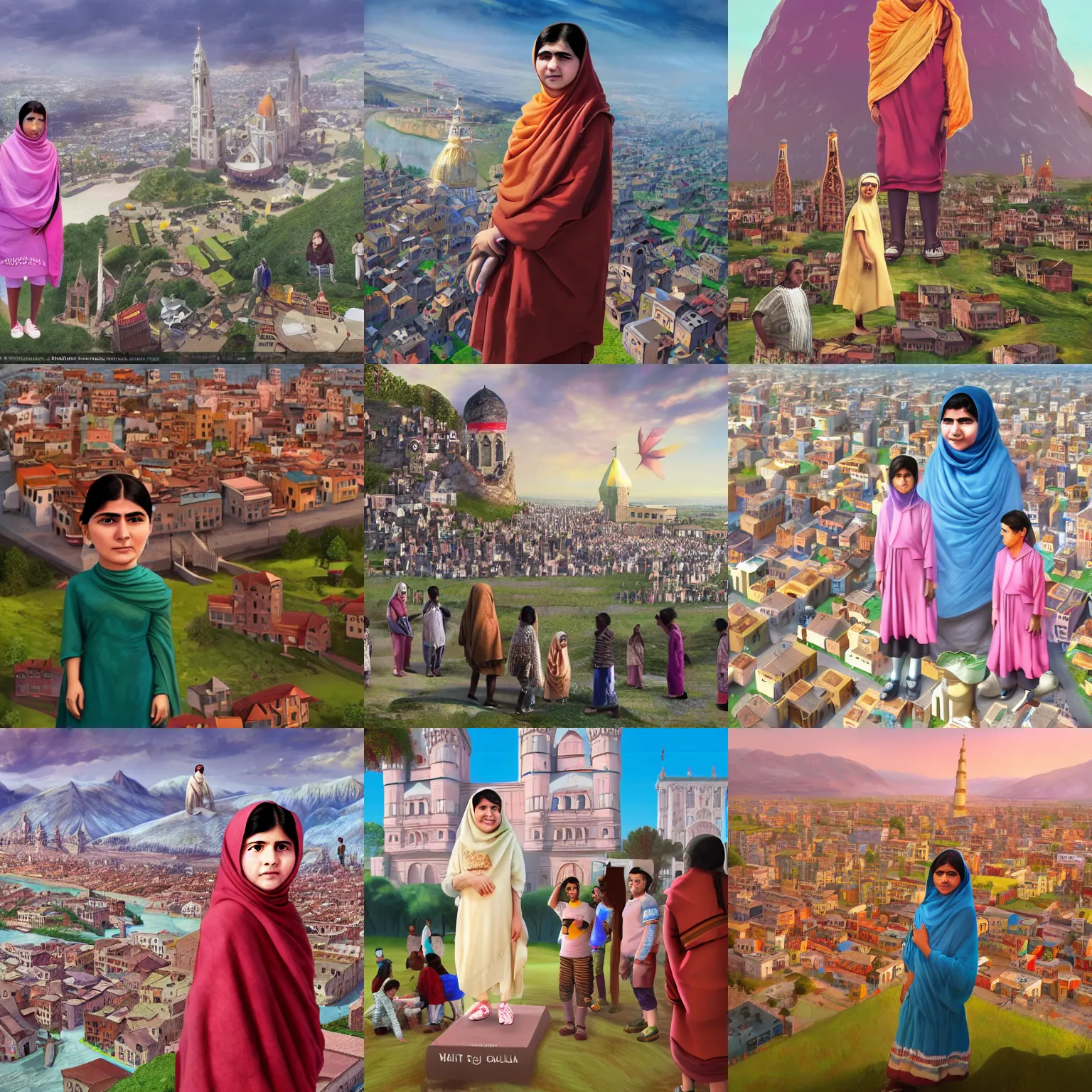 Prompt: Giant Malala Yousafzai stands next to a town, surrounded by people, digital art, trending on ArtStation, Gulliver's Travels