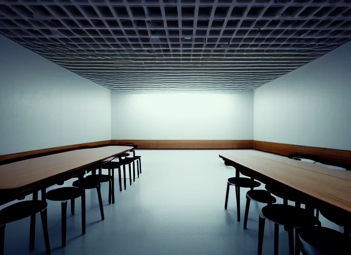 Image similar to cinematic photograph of a large white empty breakroom, retrofuturist liminal space, hundreds of old faux wood tables, crt tv mounted, trypophobia architecture, familiar place, clean, black mold, warm light, amateur, soft vintage glow, unreal engine, photorealistic, trending on artstation