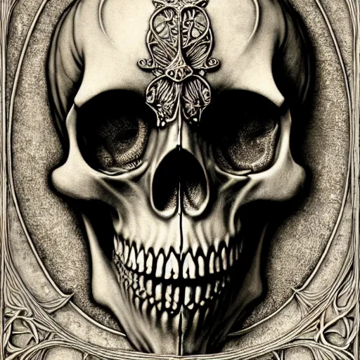 Image similar to ornate antique porcelain beautiful skull mask memento mori by arthur rackham, art forms of nature by ernst haeckel, ultrasharp, photorealistic, hyperdetailed, octane render, polished, art nouveau, gothic, intricate ornamental organic filigree, art nouveau botanicals, art forms of nature by ernst haeckel, horizontal symmetry, symbolist, visionary