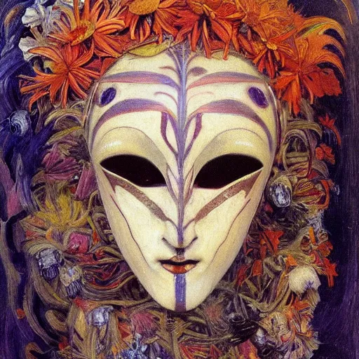 Prompt: a masterpiece painting of a facemask made of stylized flowers, by annie swynnerton and jean delville and tino rodriguez, flower mask, art deco shaman, art brut, symbolist, dramatic cinematic lighting, god rays, iridescent beetles, clean crisp graphics, smooth sharp focus, extremely detailed